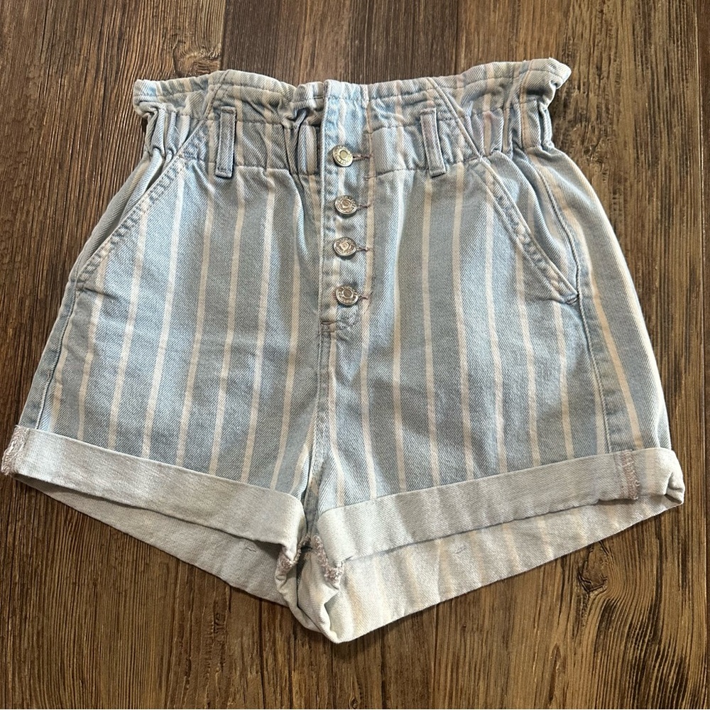 TOPSHOP high waisted paper bag denim Jean shorts with white stripes women's 4